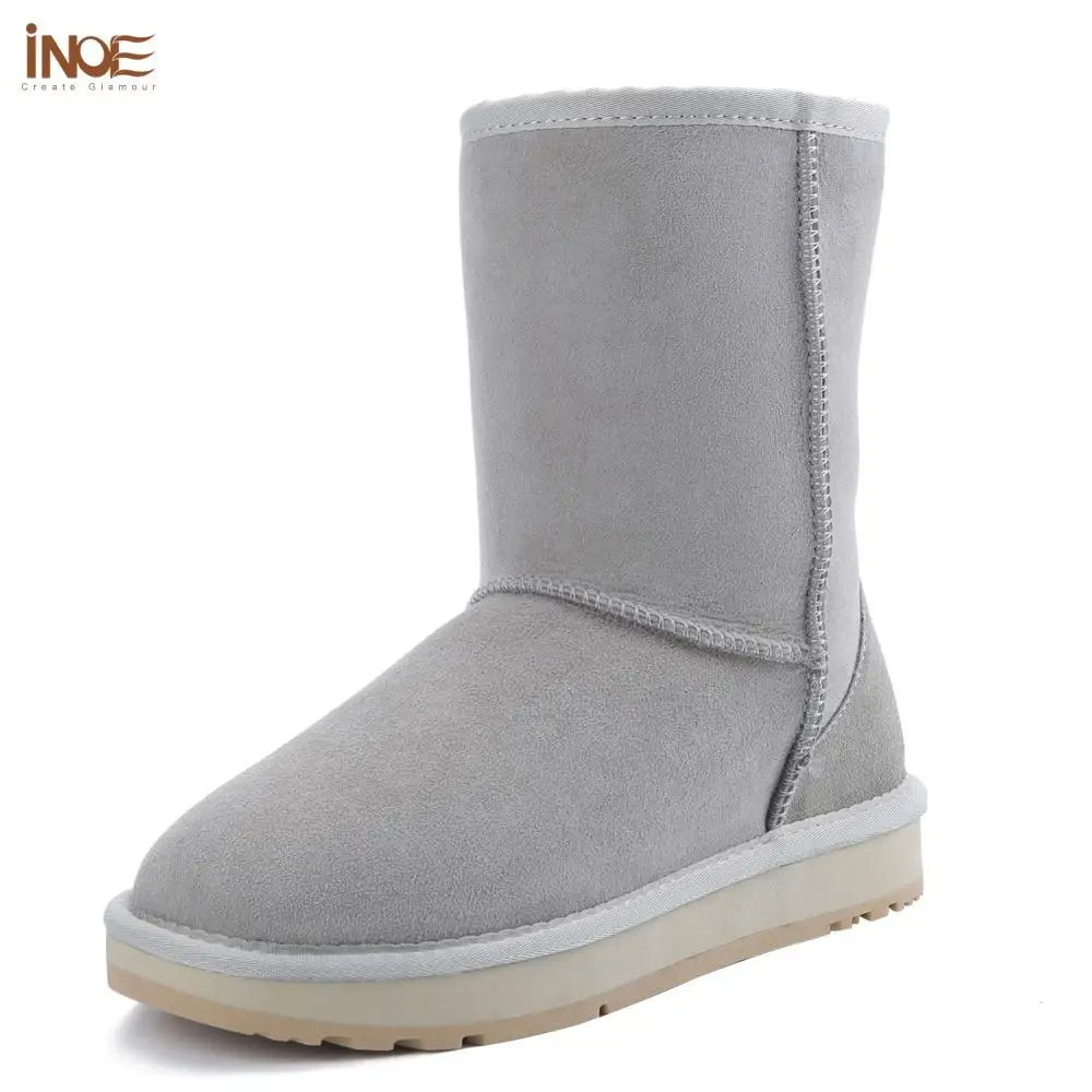 

INOE Women Real Sheepskin Suede Leather Mid-calf Winter Boots Sheep Shearling Fur Lined Classic Snow Boots Light Grey
