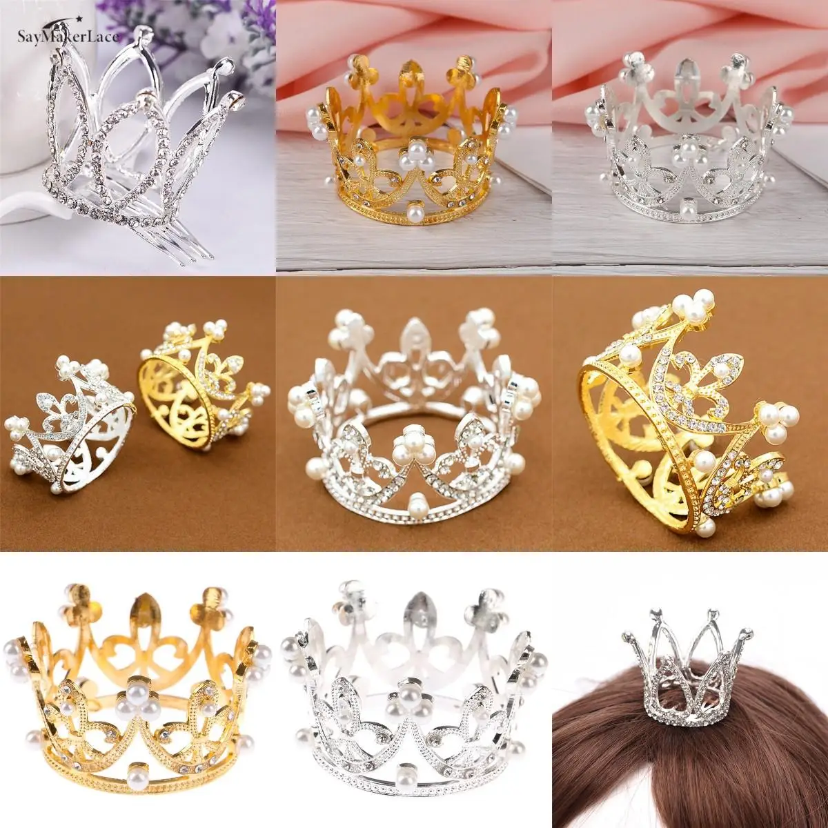 

New Style Mini Crown Princess Topper Romantic Crystal Pearl Children Hair Jewelry Ornaments Wedding Party Decoration