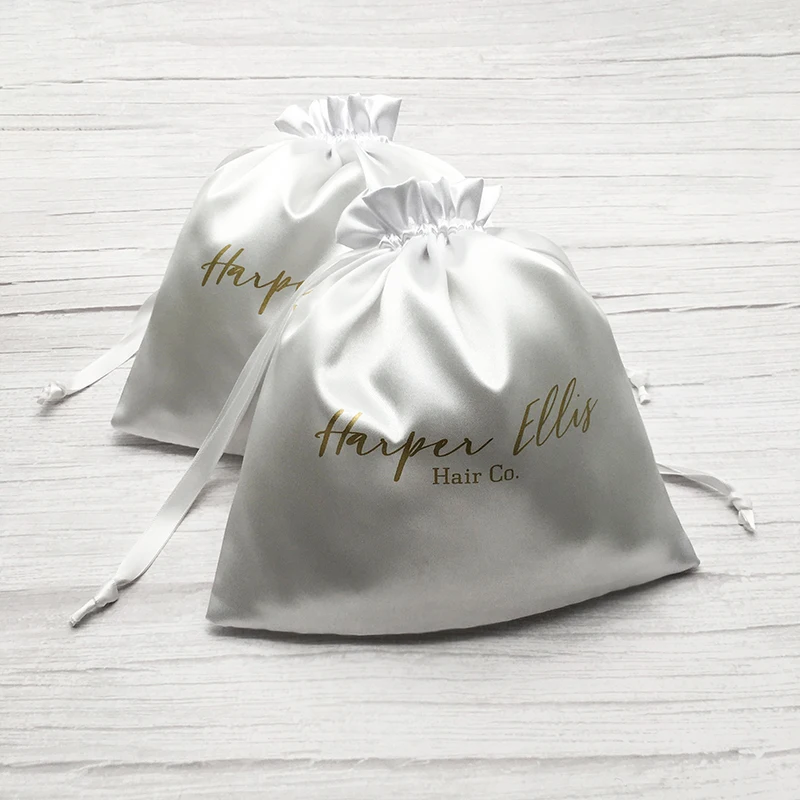 Custom Logo Satin Gift Packaging Bags High-quality Black Silk Drawstring Pouch Hair Wigs Jewelry Shoe Dustproof Sachet 20pcs