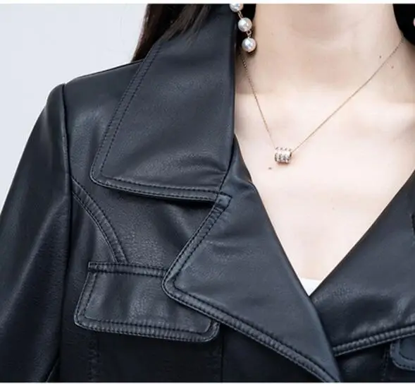 KoHuiJoo 2022 Spring And Autumn New Leather Jacket Women Double Breasted Slim Drawstring Faux Leather Jackets Woman Coat M-6XL