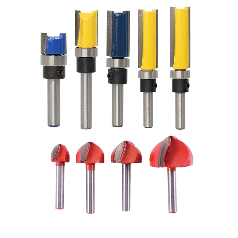 

5X Straight Flush Trim Router Bit Set With 1/4Inch Shank Bit & 4Pcs 6Mm Shank Round Nose Cove Box Wood Router Bit