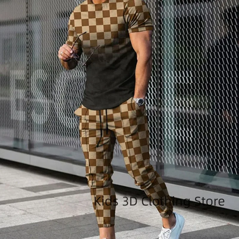 Summer Men's Trousers Tracksuit Set Sportwear 3d Print Stripe Short Sleeve T Shirt+Long Pants 2 Piece Set Men Tracksuit Clothes