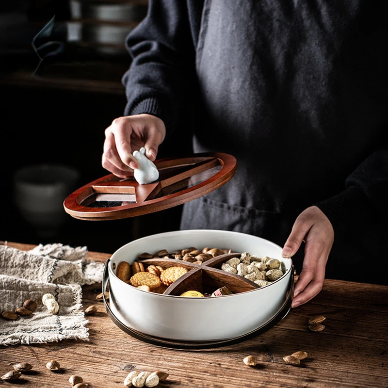 

Ceramic Compartment Fruit Plate with Lid Portable Fruit Platter Coffee Table Living Room Candy Nut Storage Box Home Decoration
