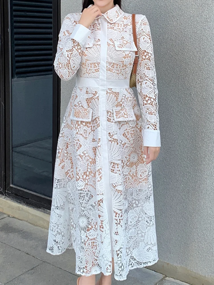

White Lace Dress Women 2022 Spring Summer Turn-down Neck Women Clothing Hook Flower Hollow Party Bodycon Dress Long Sleeve B591