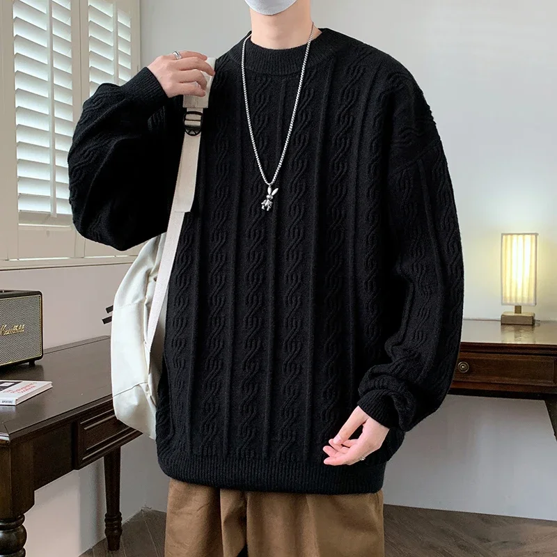 

Мужской новый осенне-зимний вязаный свитер свободного покроя с круглым вырезом однотонный витой цветок