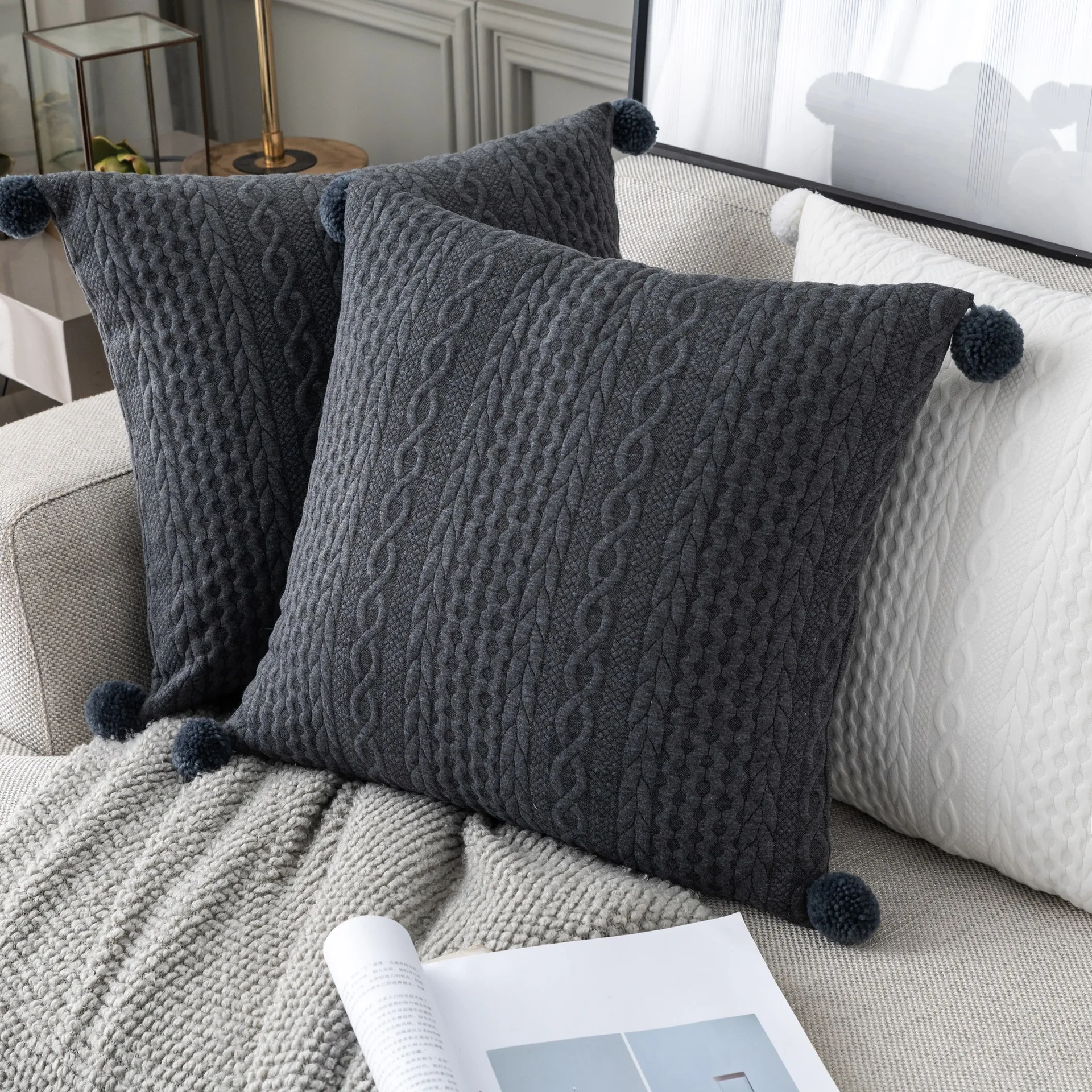 

Knitted Four Corners with Pompoms Cushion Cover Vintage Grey White Black Tassels Pillow Case 45x45cm Soft Home Decorative Pillow