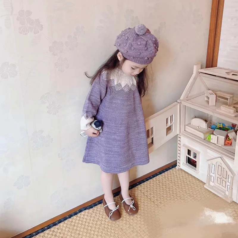 

Fashion Girls Knitted Dress Diamond Pinecone Jacquard Knitted Skirt Autumn And Winter Baby A-Line Dress