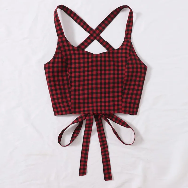 Tops Women Lace Up Backless Tank Top Plaid Sleeveless T-shirts Tops Sexy Crop Top Night Club Outfits Basic Tanks 2022 Summer Tee