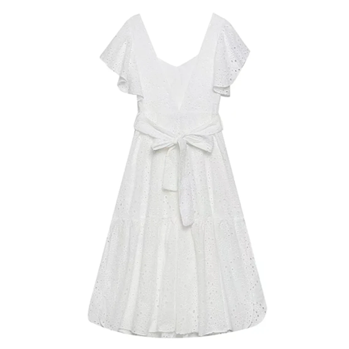 

Maxdutti Embroidery Pure Cotton V-neck Fashion White Midi Dress Women French Style Square Collar Dress