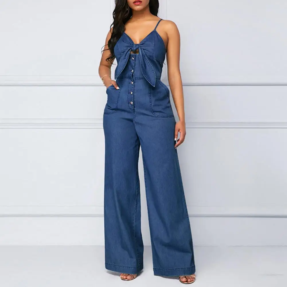 

2022 New Lady Jumpsuit Bow-knot Decor Sleeveless Straight Pants V Neck Hollow Out Summer Denim Romper Female Clothes