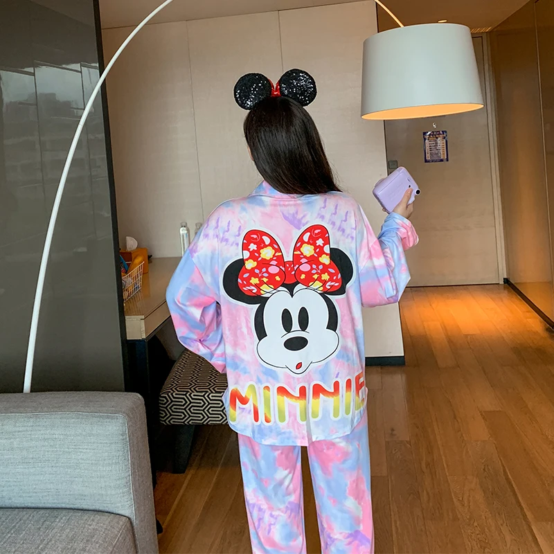 

Disney Minnie Mouse Autumn Winter Pyjamas Set Women Long Sleeve Singer Breast Blouse and Tie Dye Pants Night Wear Ladies Pj Set