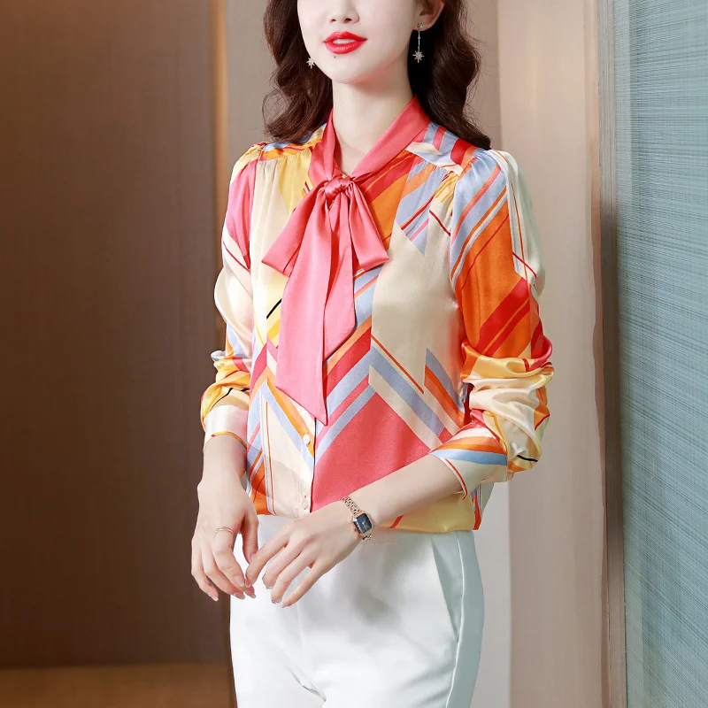 

#1760 Printed Satin Shirts Women Long Sleeve Slim Office Shirts Turn-down Collar Bow Collar Silk Womens Tops And Blouses Spring