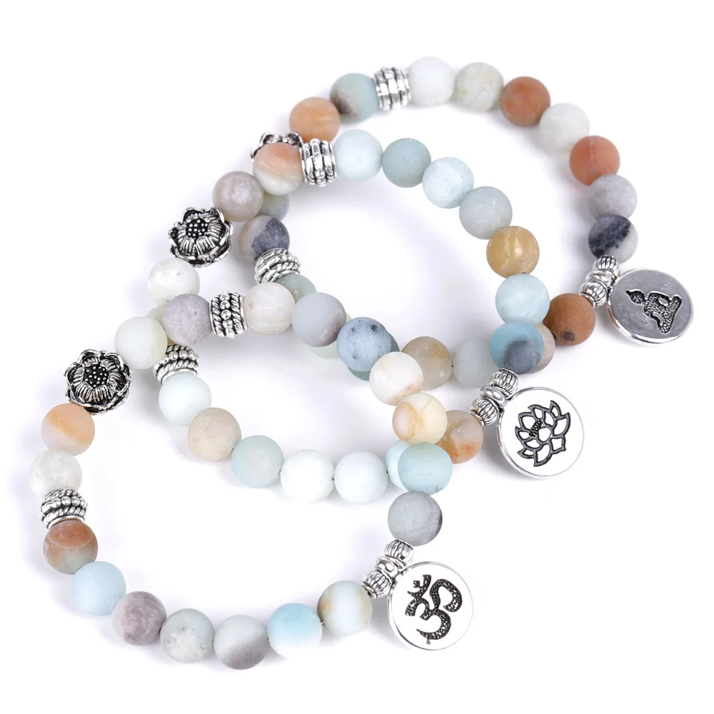 

Women Yoga Rosary Charm Bracelet Crystal Agate Amazonite Frosted Lotus Beaded OM Pendant Bangle Gift