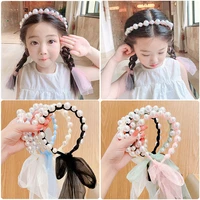 children pearl streamer headbands princess solid organza braided bowknot hairbands for baby girls hair hoops hair accessories