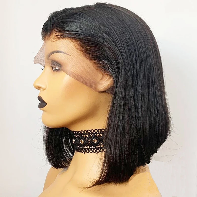 Soft Glueless Free Part Yaki Synthetic Blunt Short Bob Kinky Straight Natural Black 13X6Lace Front Wig For Women Babyhair Daily
