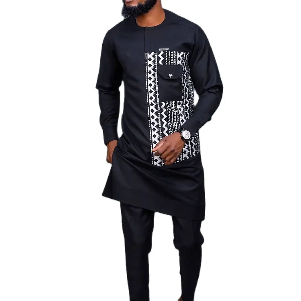 African Men Dashiki Long Sleeve 2 piece Set Traditional Africa Clothing Striped Men's Suit Male Shirt Pants Suits Black (M-4XL)