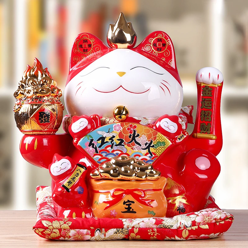12 Inch Japanese Lucky Cat Ceramic Fortune Electric Shaking Arm Beckoning Maneki Neko Ornament Home Fengshui Decor |
