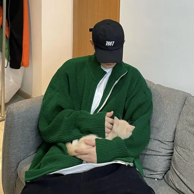 

Zipper Sweater Men's Spring Autumn High Street Loose Large Version Green Fashion Stand-up Collar Sweater Jacket Men Cardigan