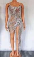 2022 new design sparkly dress women sexy birthday wedding party prom drag queen costume outfit stage wear rhinestone fringe