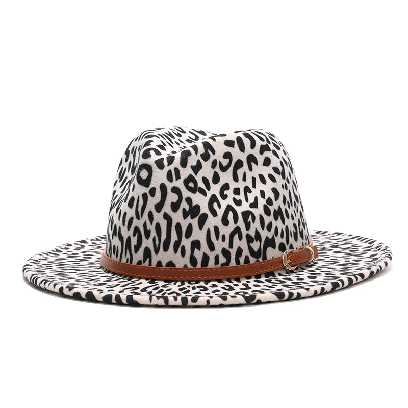

2021 Winter Fedora Hats for Women Fashion Flat Wide Brim Panama Wool Felt Jazz Fedora Hats for Men Leopard Goth Top Wedding Hat