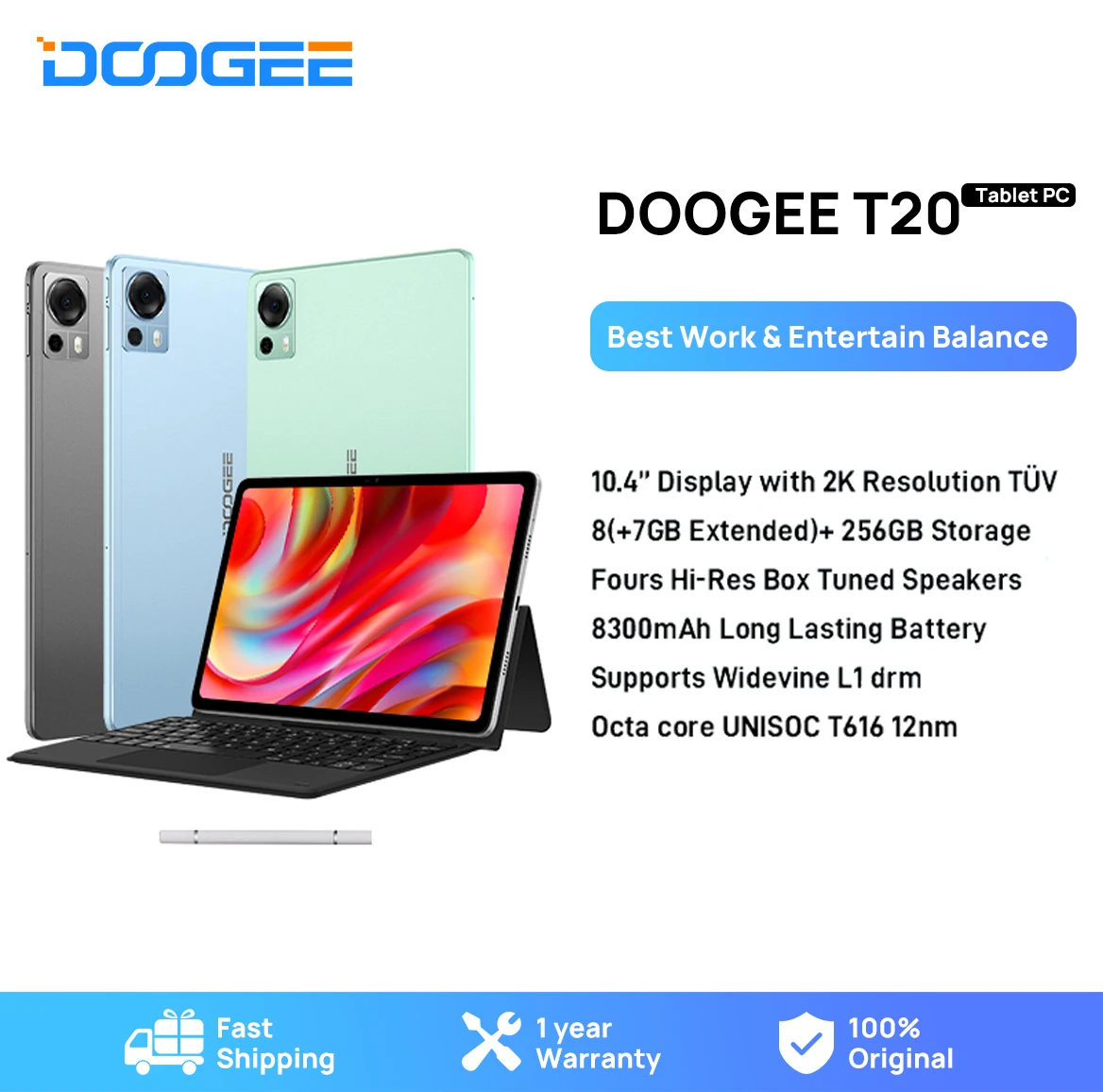 2022 Новый планшет DOOGEE T20 10 4-дюймовый дисплей с сертификацией 2K TÜV 8 ГБ + 256 Octa Core Widevine