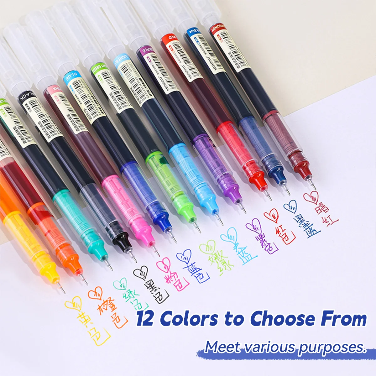 

12-цветная Ручка С Прямым Нанесением Чернил, 0,5 Мм, Игольчатый Тип, Быстросохнущие Чернила, Устойчивые К Царапинам