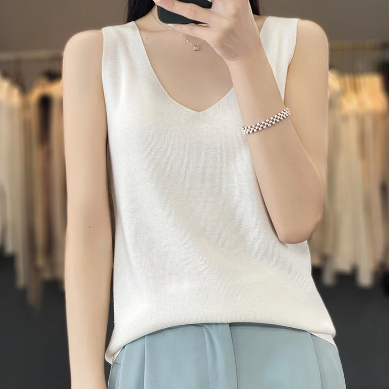 

Women's T-shirt Summer New 100% Pure Wool Sweater Sleeveless Casual Solid Color Knitwear Ladies Tops V-neck with suspenders