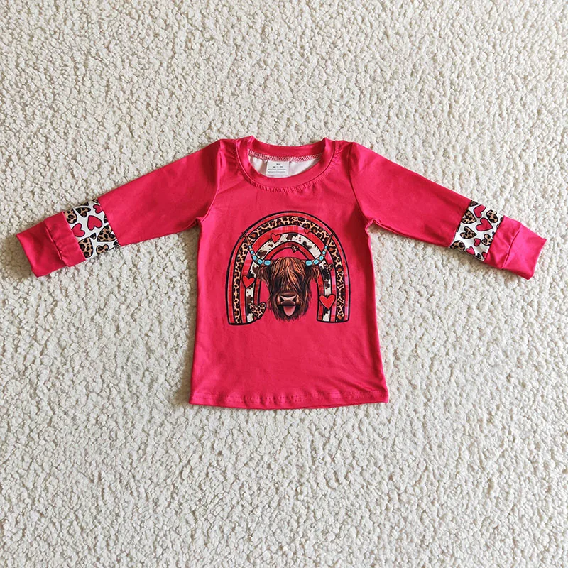 

Boutique Valentine's Day girl's long sleeve t shirt splicing design leopard print pink toddler kids clothing