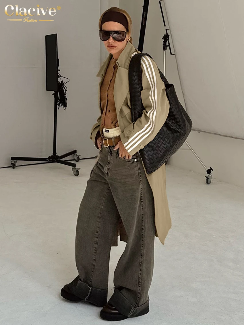 Зимняя свободная Классическая Ветровка цвета хаки с отложным воротником и