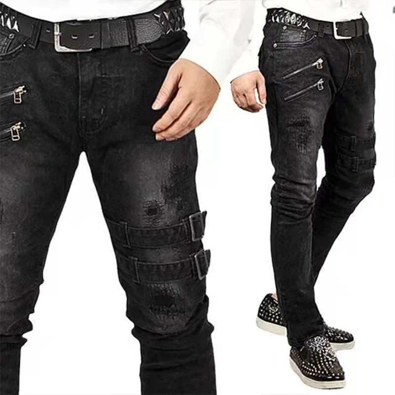 Fashion Street Ripped Skinny Jeans Men Style Vintage Wash Solid Denim Trouser Mens Casual Slim fit pencil denim Pants hot sale