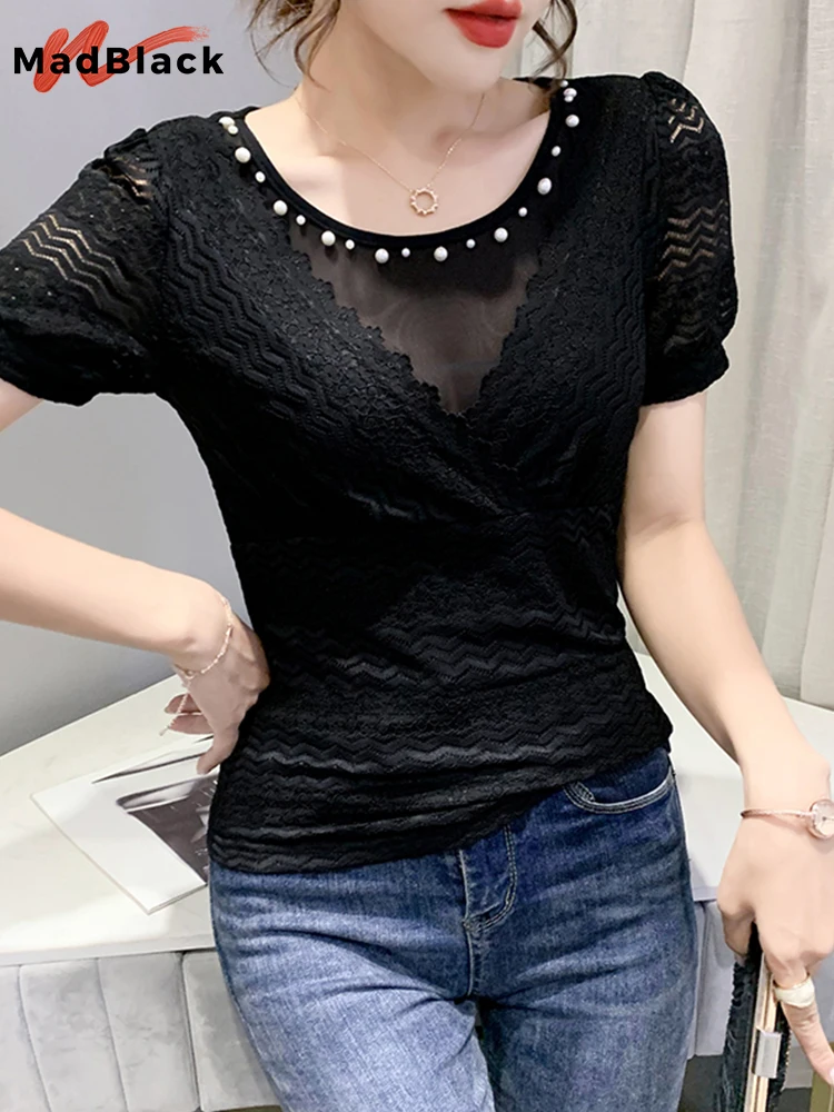 

MadBlack Summer Korean Clothes Mesh T-Shirt O-Neck Beading Patchwork Lace Women Tops Short Sleeve All Match 2022 Tees T24913X