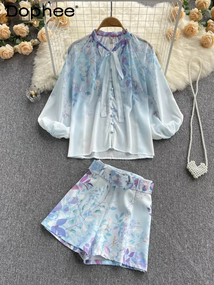 

Women Lantern Sleeve Print Shirt Belt Shorts New Style Two Piece Set Fashion Temperament Spring Summer 2022