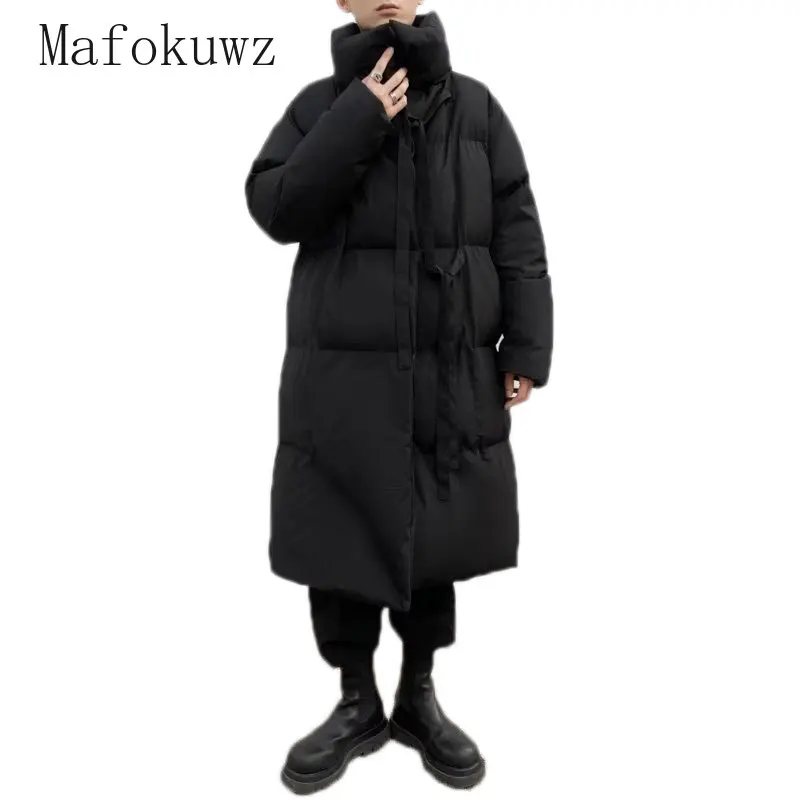 Зимнее однотонное длинное пальто с воротником-стойкой модное мужское теплое