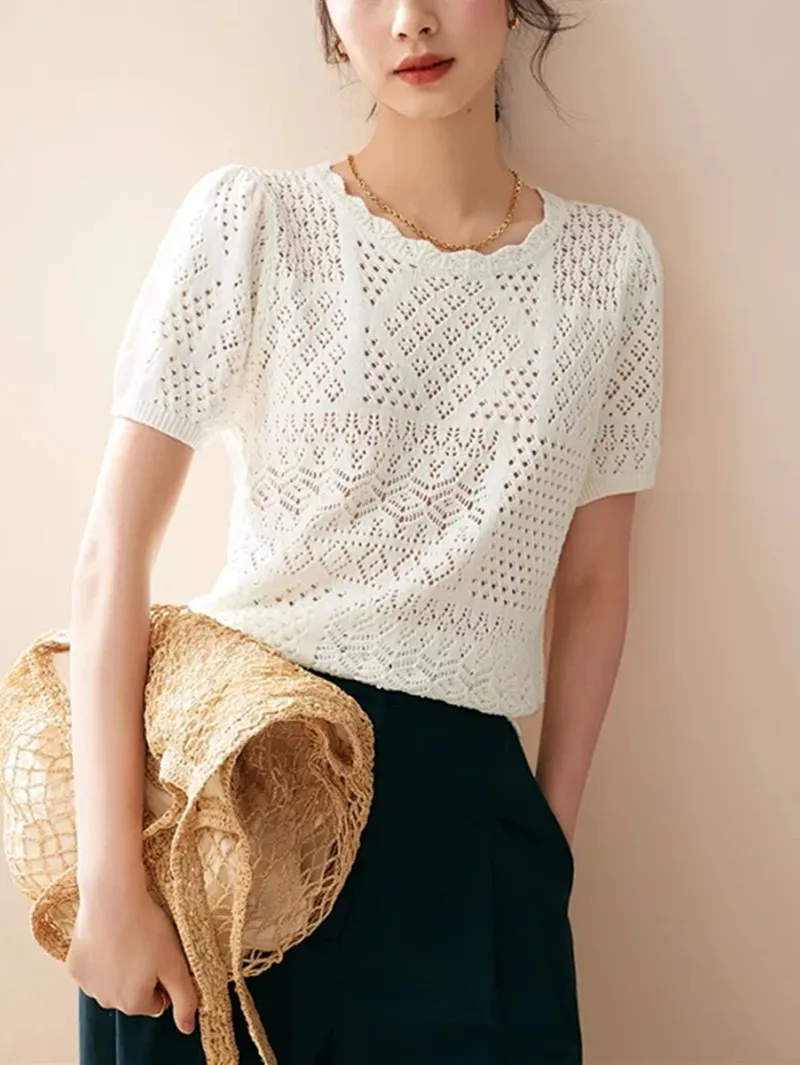 

Женский ажурный вязаный свитер с коротким рукавом, белый или черный элегантный топ с круглым вырезом, женский джемпер