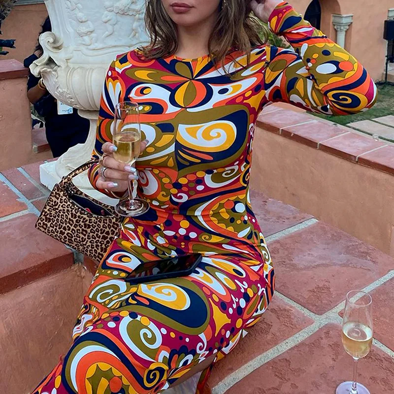

Retro Print Long Skirt Ladies O-neck Casual Split Pencil Long Skirt Slim Round Neck Long-sleeved Dress Ladies Fashion Street