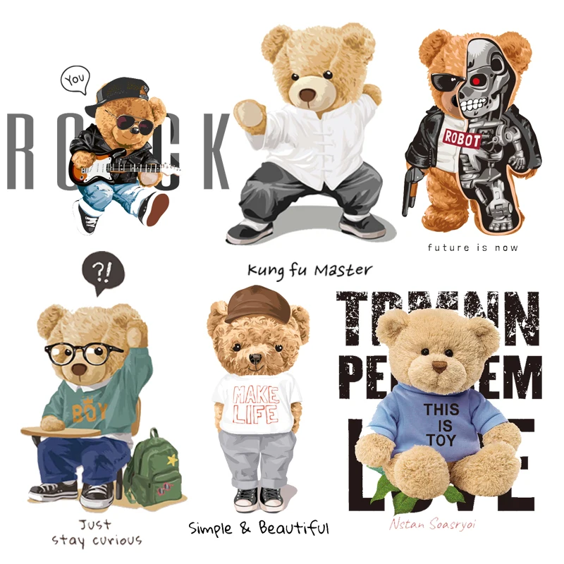 

Vinyl Thermal Stickers for Clothing Cartoon Rock Guitar Bear Patches Stripes Animals Bear Iron-on Transfers for Clothing Jackets