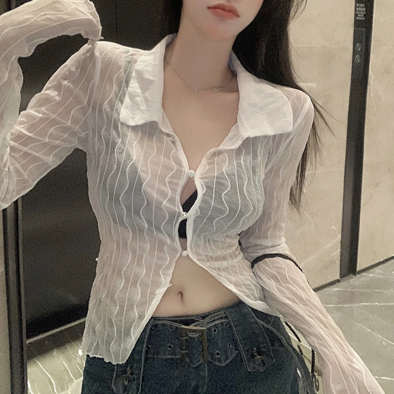

Korean Style White Lapel Irregular Long-sleeved T-Shirt Women's Summer Thin Section Sexy Chic T-shirt Cardigan Top Outer Wear