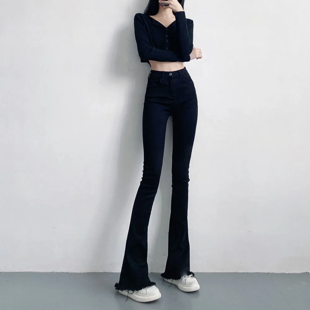 Узкие Эластичные черные женские джинсы повседневные брюки-клеш с высокой талией