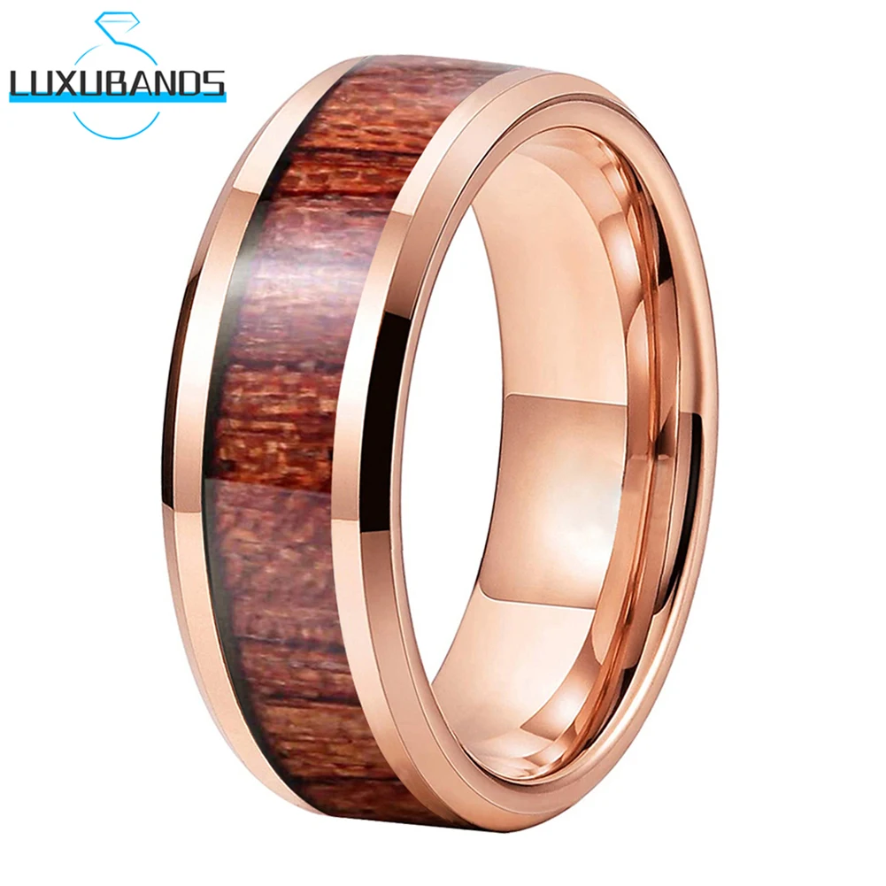 

6mm 8mm Tungsten Wedding Ring For Men Women Wood Inlay Beveled Egdes Flat Engagement Bands Polished Finish Fashion Comfort Fit