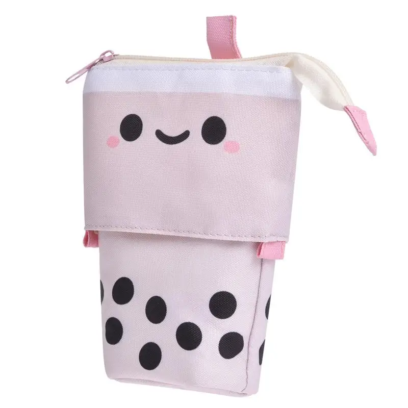 

Cute Milk Tea Pen Pencil Telescopic Holder Stationery Case Stand-Up Bag With Kawaii Smile Face Organizer