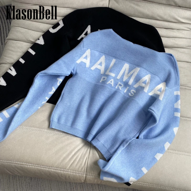 

8,6 KlasonBell Короткий трикотажный жаккардовый пуловер с воротником-лодочкой и надписью для женщин