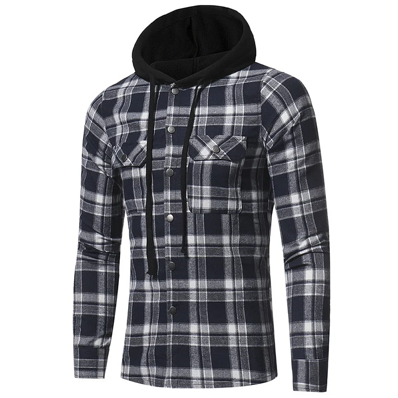 

Hooded shirt men fashion Hip hop Streetwear plaid shirt men High street social checkered long sleeve shirts