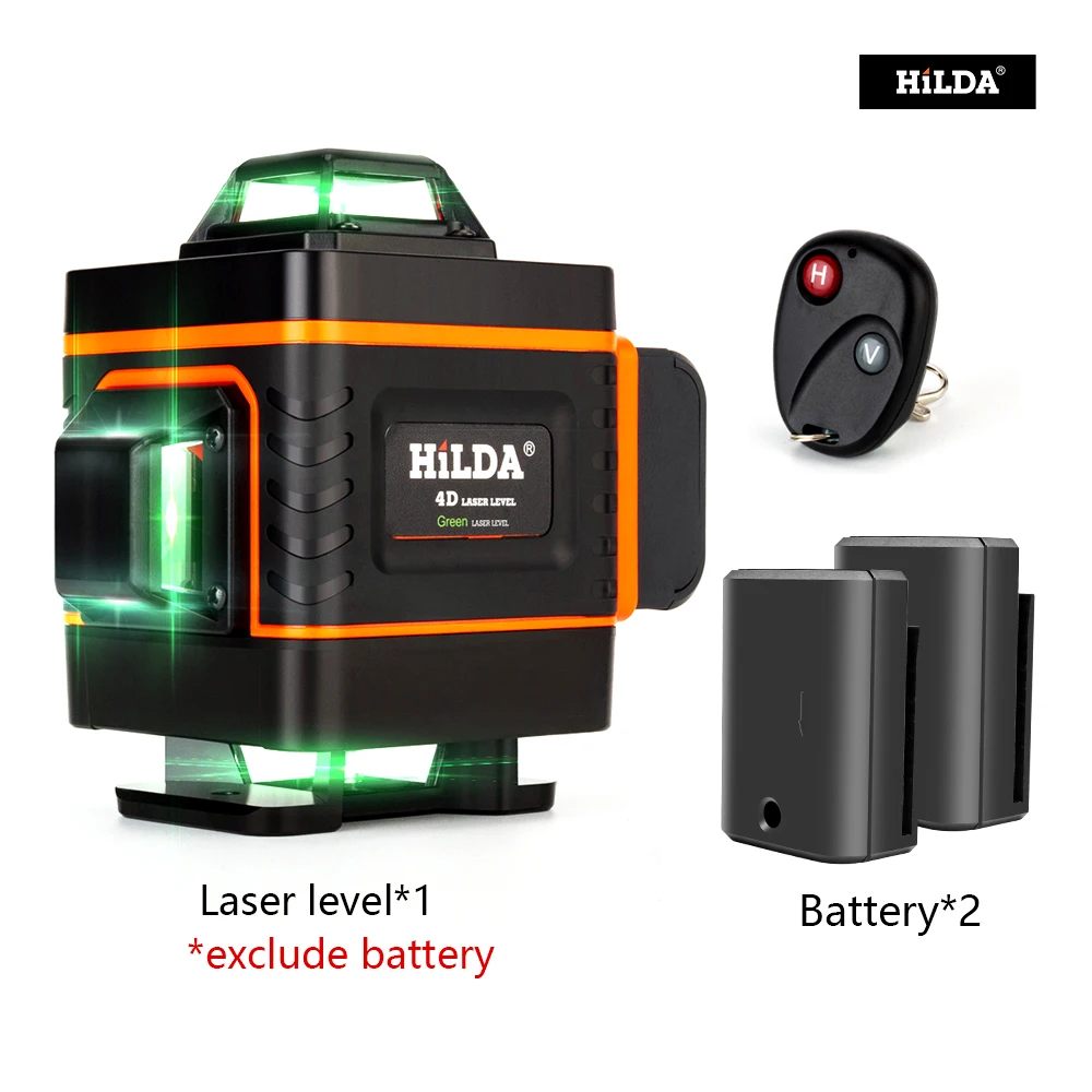 HILDA-Nivel láser verde, herramienta de nivelación de 16 líneas, 4D, cruce de rayos, 2 baterías, nivelado automático, horizontal y vertical