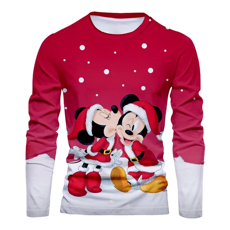 New Christmas Disney Brand Mickey and Minnie Anime 3D Printing Fashion Casual Trend Men's Round Neck Long Sleeve T-Shirt