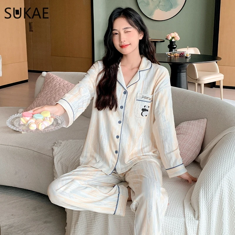SUKAE M-5XL Autumn Winter Woman Pajamas Set Lady Home Clothes Faux Cotton Nightwear Lapel Pjs Fashion Turn-down Collar Sleepwear