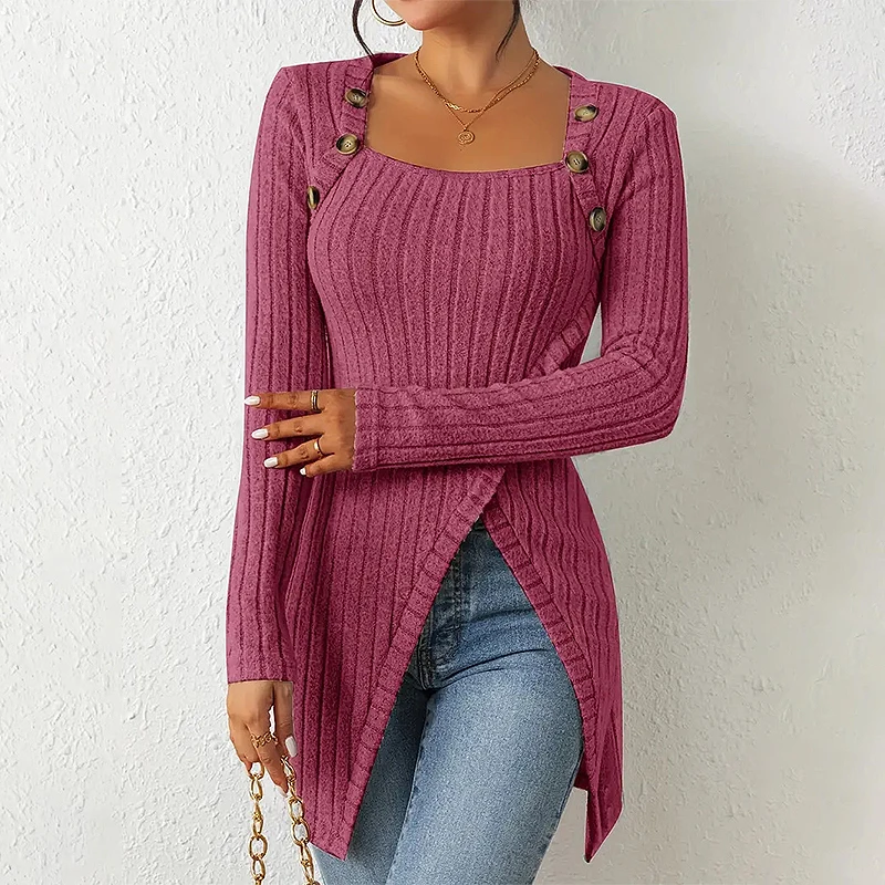 

1pc Square Collar Exposed Clavicle Slit Knit Shirt New Solid Loose Pullover Side Slit Over-the-knee Long Knitted Sweater