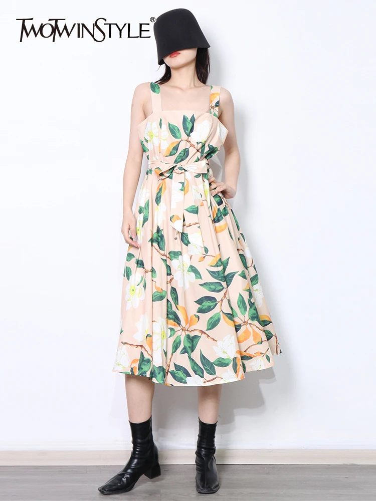 

TWOTWINSTYLE Vintage Print Floral Colorblock Sling Dress For Women Square Collar Sleeveless High Waist Midi Dresses Female Style