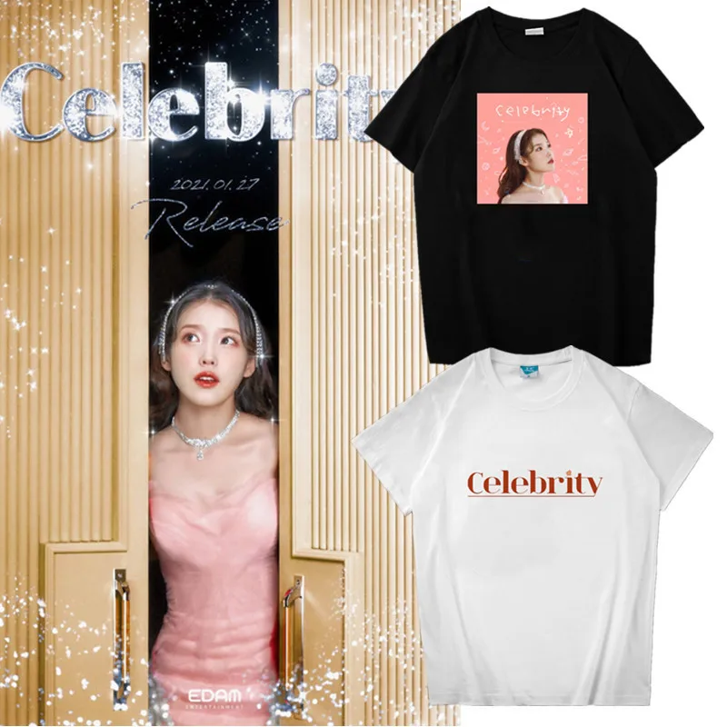 

Летняя Корейская футболка IU Lee Ji Eun знаменитость Ablum Повседневная футболка черно-белая нижняя рубашка с коротким рукавом Одежда для пары