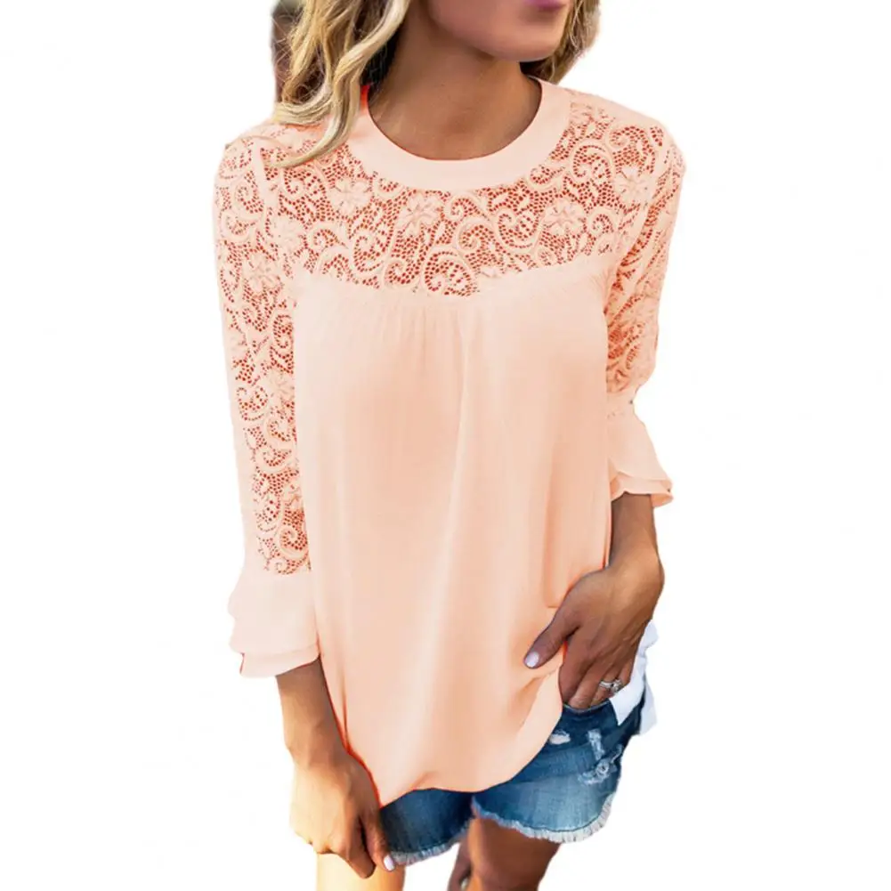

Solid Color Women Top Chic Lace Patchwork Women's Blouse Breathable Soft Hollow Solid Color Top for Autumn/spring Stylish Loose