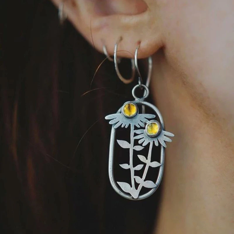 

New Design Chrysanthemum Flower Yellow Orange Stone Earrings for Women Silver Color Plant Drop Dangle Earrings